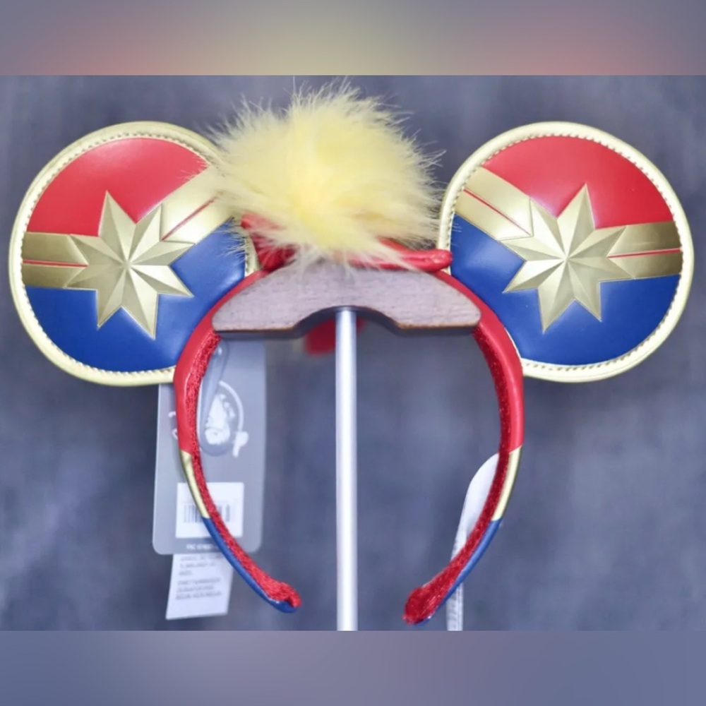 Loungefly Red, Blue and Gold Captain Marvel Ear Headband with Yellow Pom NWT